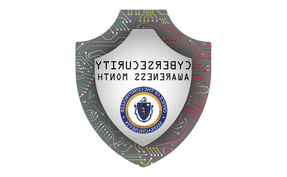 The text CYBERSECURITY AWARENESS MONTH inside a stylized shield, with the Seal of the Office of the Comptroller